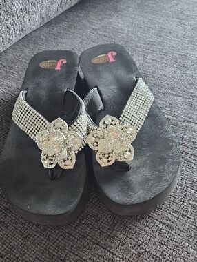 Justin Boots Black Sandal Wedges with Crystal Flower Accents